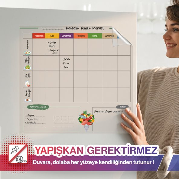 Haftalık Yemek Menüsü Planlayıcı Yapışkansız Tutunan Statik, Yeri Değiştirilebilir Akıllı Kağıt ürün görseli 1