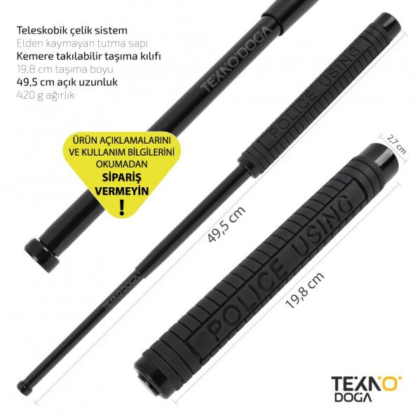W42 Teleskopik Katlanır Çelik Jop 49,5cm Siyah Polis Copu Kılıflı ürün görseli 1