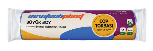 Newtechplast Çöp Torbası, Büyük Boy, Mavi, 65 X 80 cm., 1 Rulo 10 Adet 80 gr. ürün görseli 1