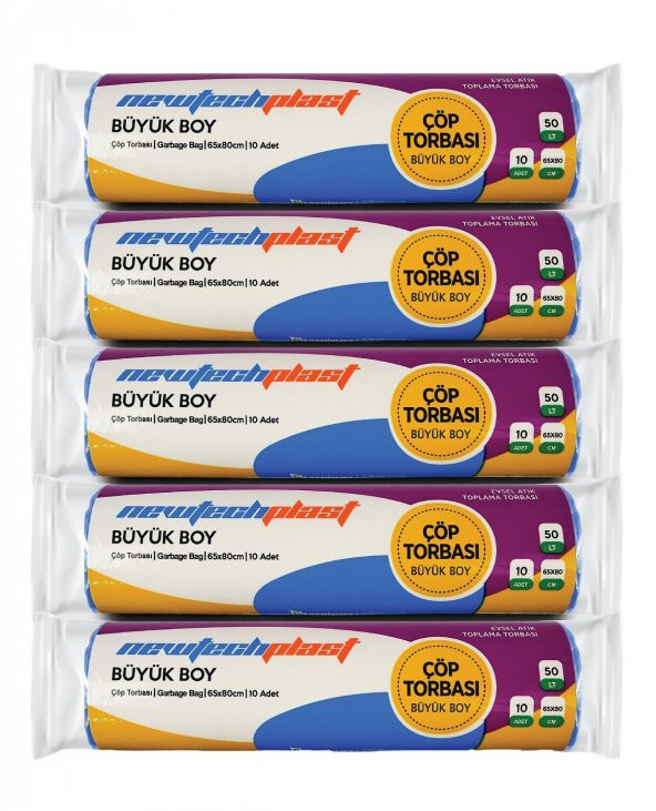 Newtechplast Çöp Torbası, Büyük Boy, Mavi, 65 X 80 cm., 5 Rulo 50 Adet ürün görseli 1