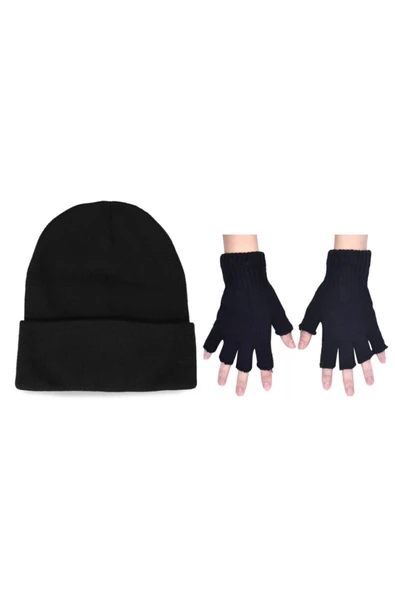 Unisex Siyah Kesik Eldiven ve Bere Set ürün görseli 1