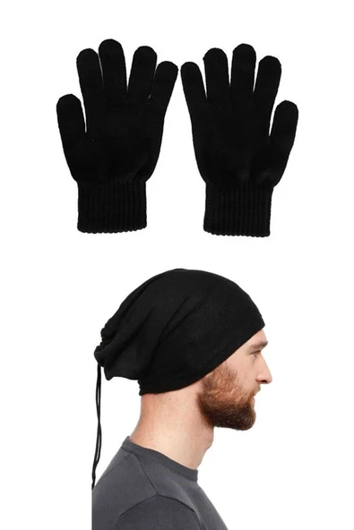 Unisex Siyah Yün Eldiven Polar Bere Boyunluk Set ürün görseli 1