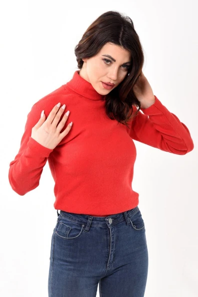 Kadın Balıkçı Yaka Boğazlı Slim Fit Kazak Kırmızı ürün görseli 1