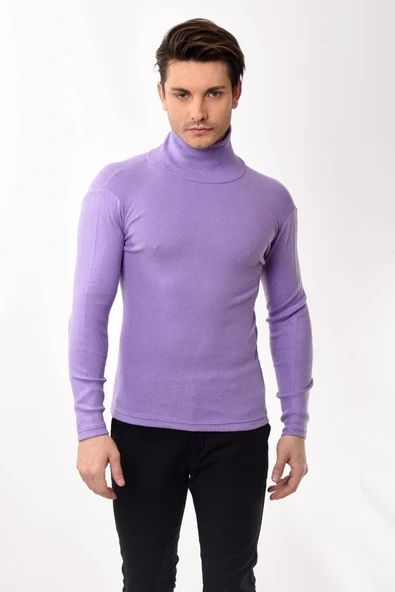 Erkek Balıkçı Yaka Boğazlı Slim Fit Kazak Lila ürün görseli 1