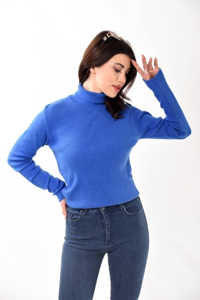 Kadın Balıkçı Yaka Boğazlı Slim Fit Kazak Saks ürün görseli 1