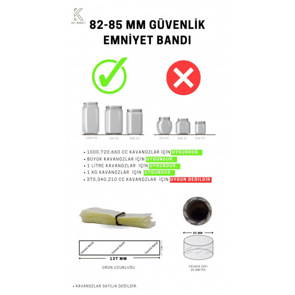 Standart Kavanoz Güvenlik Emniyet Bandı 100 Adet, 82-85mm Ağız Çapına Uygun, 137x30mm Boyut ,Baskılı ürün görseli 1