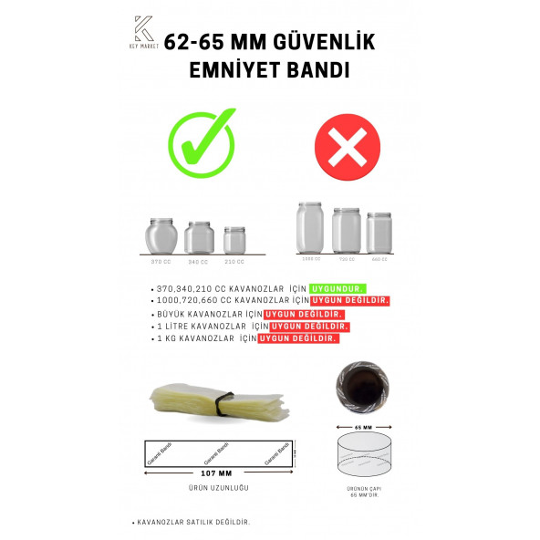 Standart Kavanoz Güvenlik Emniyet Bandı 100 Adet, 62-65mm Ağız Çapına Uygun, 107x30mm Boyut, Baskılı ürün görseli 1