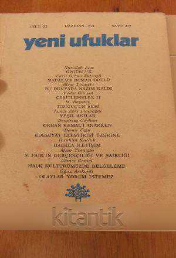 YENİ UFUKLAR Aylık Sanat, Düşünce Dergisi  *  Cilt: 22  Haziran 1974  Sayı: 249 ürün görseli 1