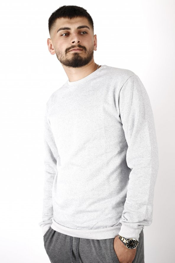 Erkek Gri Melanj Düz Baskısız Basic Bel Bilek Ribanalı İnce Sweatshirt 22ESWTDUZS ürün görseli 1