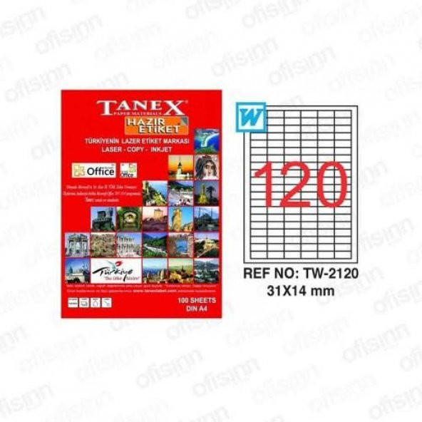 Tanex TW-2120 - 31 x 14 mm Laser Etiket 100 Adet Ücretsiz Kargo ürün görseli 1