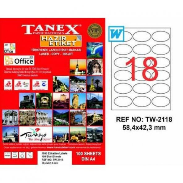 Tanex TW-2118 - 58,4 x 42,3mm Laser Etiket 100 Adet Ücretsiz Karg ürün görseli 1