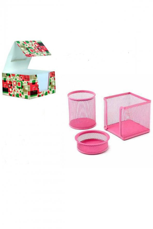 3 LÜ KALEMLİK SETİ METAL PEMBE PERFORE +KÜP NOT KAĞIDI ürün görseli 1