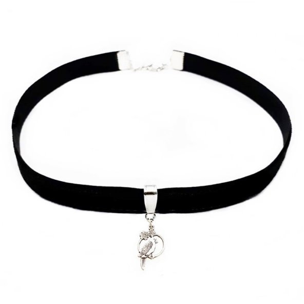 Gümüş Renk Siyah Kadife Kadın Kuş Choker Kolye ürün görseli 1