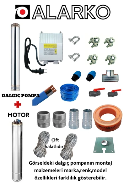 4SDM4/14 1,5 HP ALARKO 35 MT YASSI KABLOLU VE PANOLU 70 MT HALATLI ÇİFT VANALI AKITMA BAŞLIKLI MONOFAZE TAKIM DALGIÇ POMPA ürün görseli 1