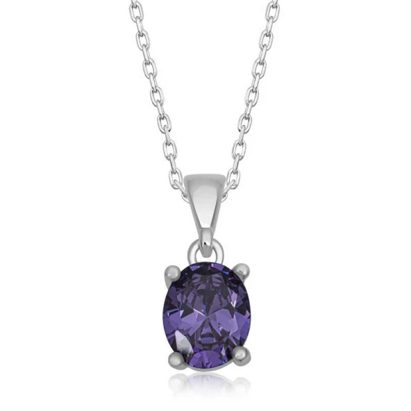 Gümüş Mor Kristal Oval Taşlı Kadın Kolye ürün görseli 1