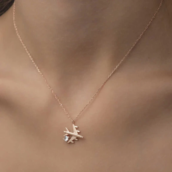 Gümüş Rose Tek Taşlı Uçak Kadın Kolye - Resim 3