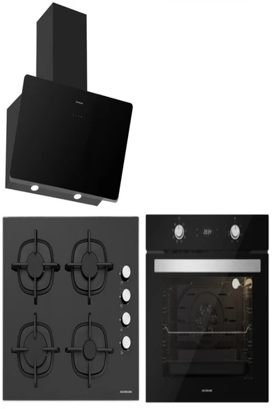 Silverline Siyah Cam Ankastre Set 5 Yıl Garanti (3457 Soho 60+cs5343b01+bo6504b01 3Lü) ürün görseli 1