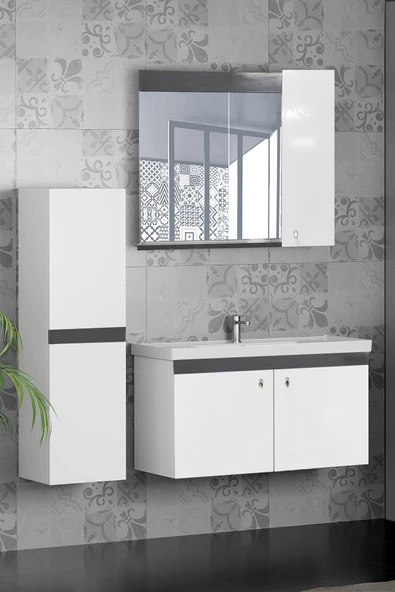 Karen Banyo New Bahar 80 Cm Banyo Dolabı Takımı Lavabo Dahil, Boy Dolap Hediyeli, Lavabolu,aynalı Banyo Dolabı Beyaz Antrasit ürün görseli 1