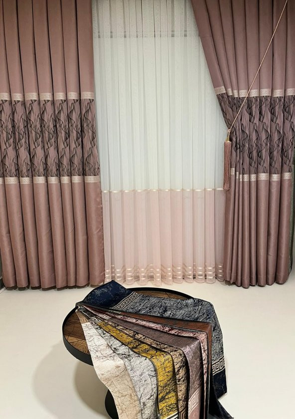 NİVEMESHOME REİNA PEMBE/GOLD 1/3 SIK PİLE TÜL PERDE APM ürün görseli 1