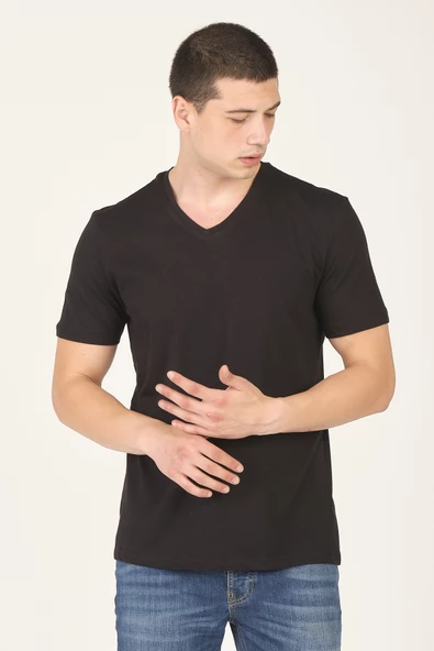 %100 Pamuk Basic 2\'li Erkek T-Shirt Siyah/Beyaz - Resim 2