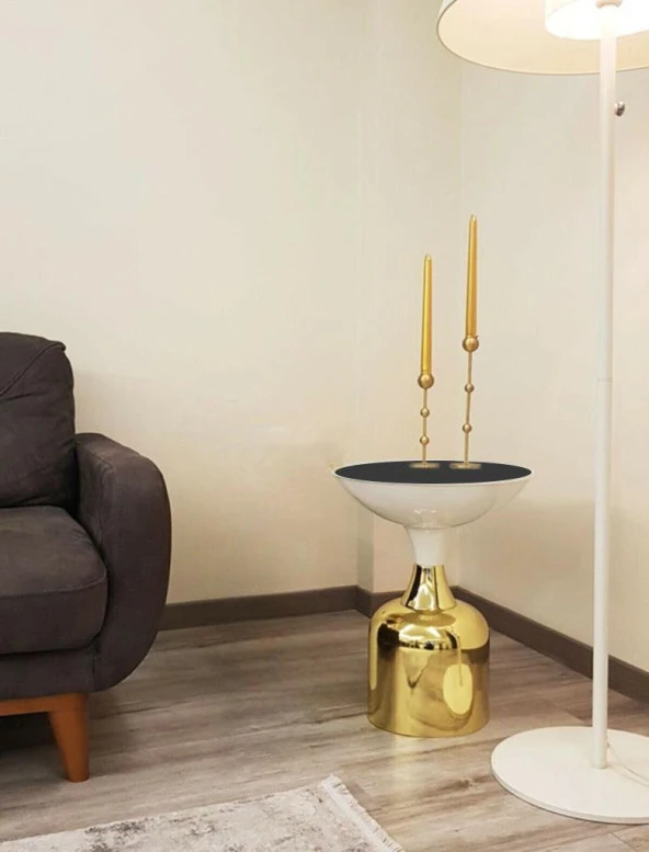 Olympos Dekoratif Parlak Beyaz Kısa Model Gold Sehpa 50 cm ürün görseli 1