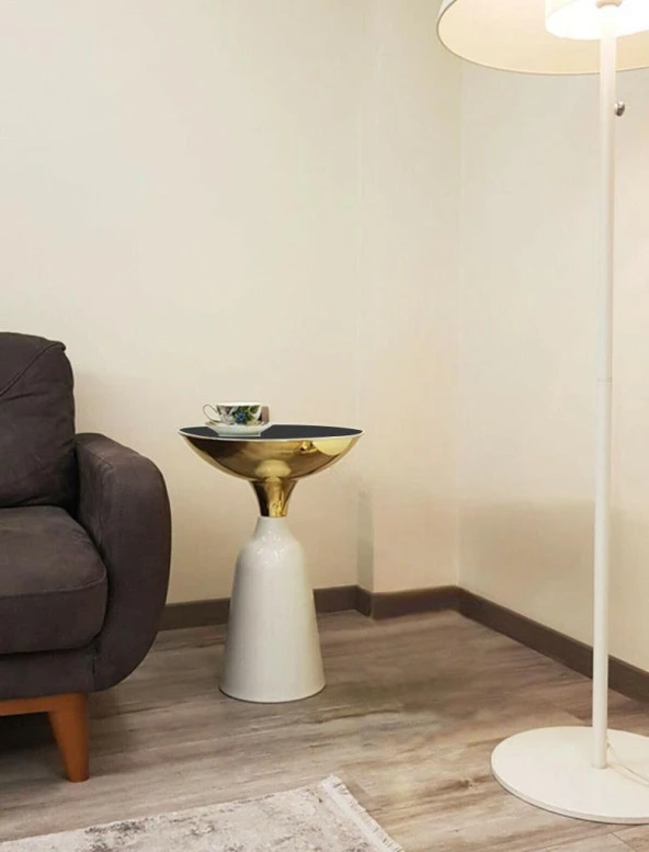 Olympos Dekoratif Parlak Beyaz Uzun Model Gold Sehpa 55 cm ürün görseli 1