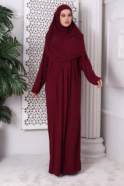 Tek Parça Pratik Başörtülü Robalı Namaz Elbisesi 8015 Bordo ürün görseli 1
