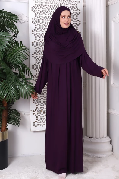 Tek Parça Pratik Başörtülü Robalı Namaz Elbisesi 8015 Mürdüm ürün görseli 1