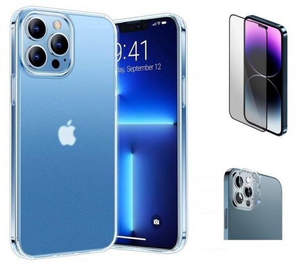 Vendas iPhone 14 Pro Uyumlu (14 Pro) Kamera Çıkıntılı Soft Silikon Kılıf + Cam Ekran Koruyucu + Kamera Lens Koruyucu ürün görseli 1