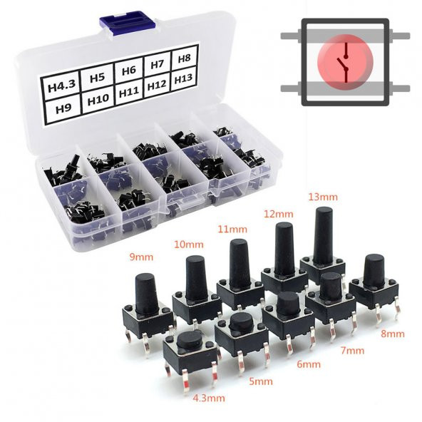200 Adet 6x6mm Tact Buton Set 10 Farklı Yükseklikte 4 Pin Dokunmatik Anlık Basmalı Düğme Anahtar ürün görseli 1