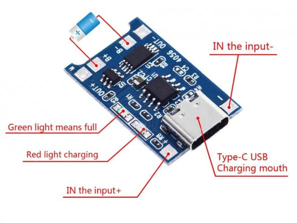 TP4056 Korumalı Lityum Pil Şarj Devresi Type C Usb Batarya - Resim 2