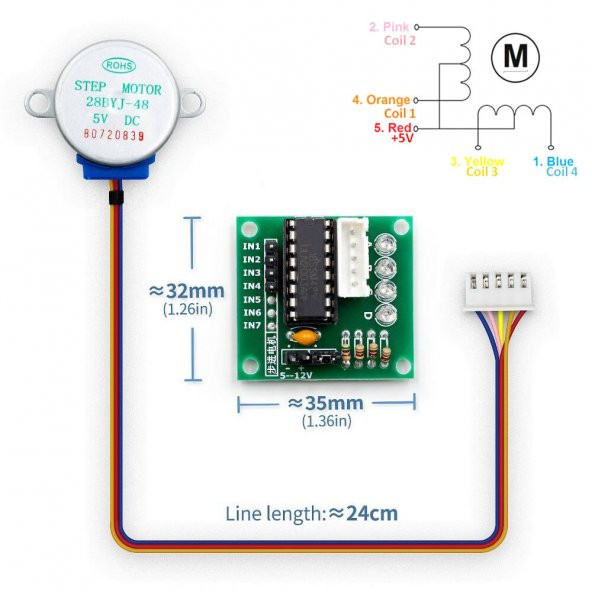 5V 28BYJ48 Step Motor + ULN2003A Sürücü Kartı - Resim 8
