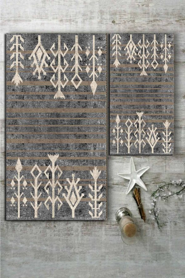 Gri Etnik Desenli 2li Halı Takımı (60x100/40x60) - WLLY1207 - Resim 2