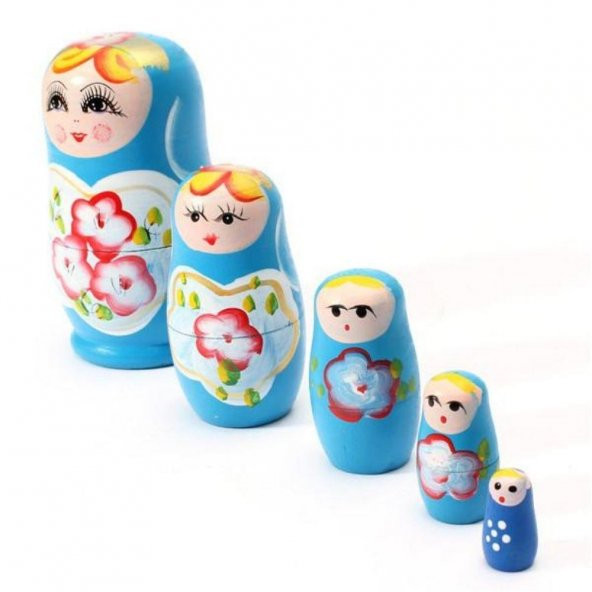 Ahşap Matruşka Bebek Beşli Set Mavi - Resim 3