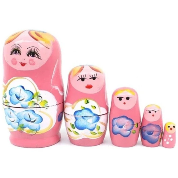 Ahşap Matruşka Bebek Beşli Set Pembe - Resim 2