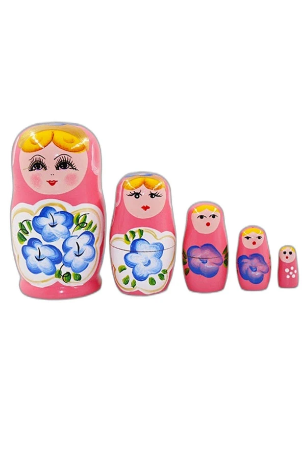 Ahşap Matruşka Bebek Beşli Set Pembe - Resim 6