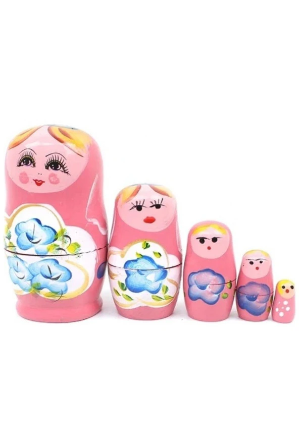 Ahşap Matruşka Bebek Beşli Set Pembe - Resim 7