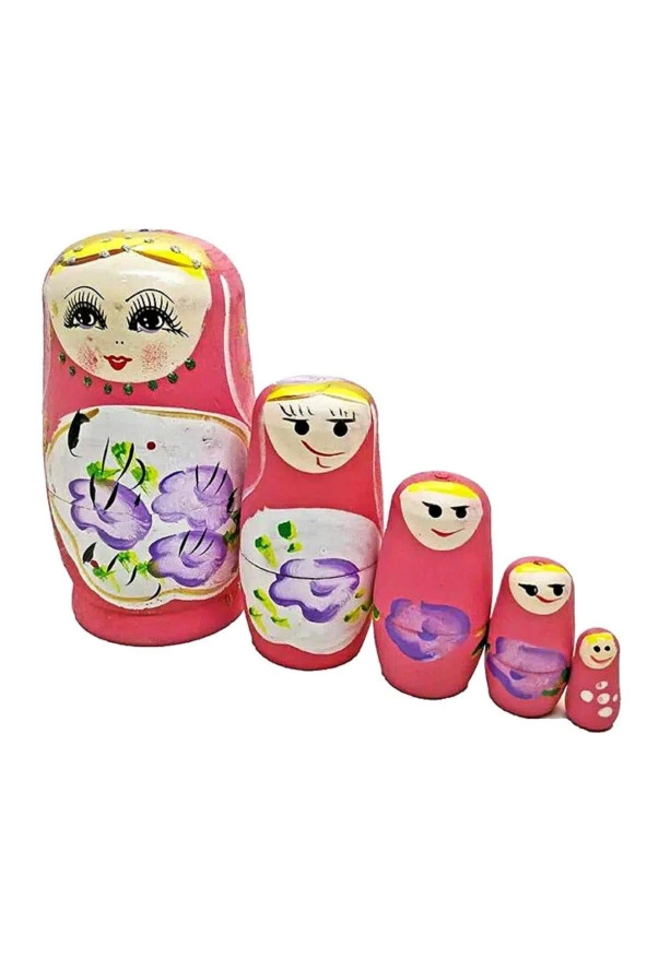Ahşap Matruşka Bebek Beşli Set Pembe - Resim 10