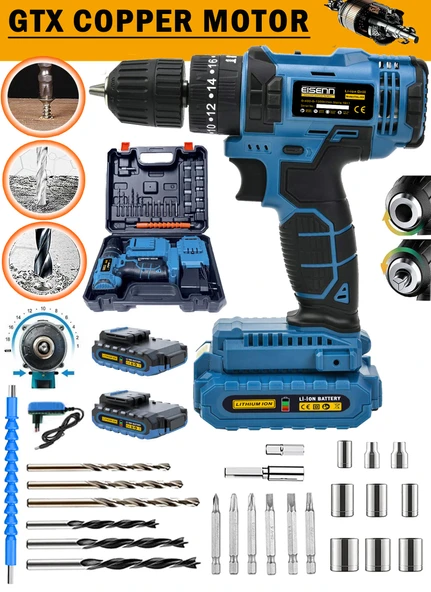 Eisenn German Technology E-1814T V-tech Yeni Nesil Çift Akülü Şarjlı Vidalama Matkap Usta Setli ürün görseli 1