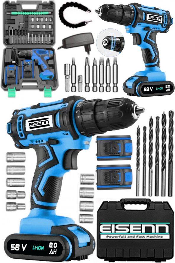 Eisenn Germany Technology DREAM Blue 58 V 8 AH Çelik Motor Samsung Çift Akülü Vidalama Matkap  Set ürün görseli 1