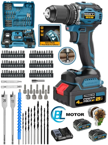 Eisenn Alman Teknoloji E-013 Blue Ex-520 Kömürsüz Motor Darbeli Çift Akülü Vidalama Matkap 84 Pcs ürün görseli 1