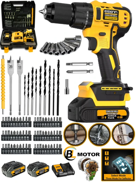 Eisenn German BL Kömürsüz Motor E-013 Yellow Yeni Sistem Çift Akülü Vidalama Matkap 84 Pcs Set ürün görseli 1