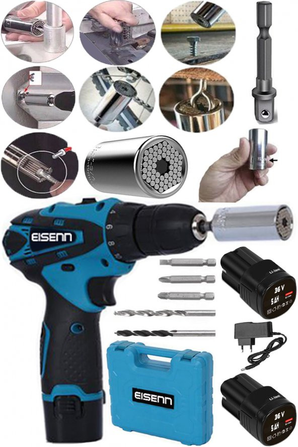 Eisenn Alman Quick 46 V 5 Ah Li-On Samsung Çift Akülü Matkap 5 Pcs Uç + 7-19 Mm Akıllı Soket ürün görseli 1