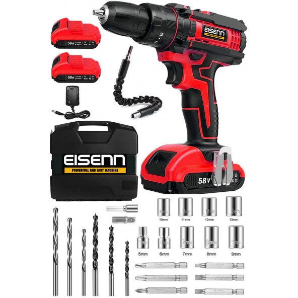 Eisenn Germany Technology RED CURRENT Motor 58 V 8 AH Çelik Şanzıman Çift Akülü Vidalama Matkap + Usta Set ürün görseli 1
