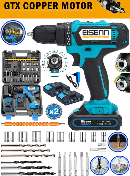 Eisenn Speedy Blue E-10024 Li-on Çift Akülü Metal Şanzuman Şarjlı Matkap Vidalama Uç Seti Hediyeli ürün görseli 1