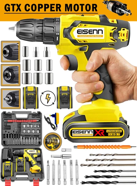 Eisenn Germany Teknoloji Yeni Seri Yellow E-6814 Çift Akülü Seri Vidalama Matkap Usta Yardımcı Set ürün görseli 1