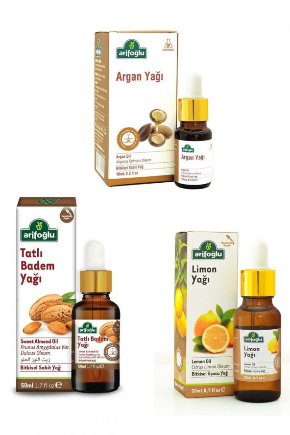 Arifoğlu  Akdeniz Aromaterapi Seti: Argan Yağı 10 ml+ Tatlı Badem Yağı 50 ml+ Limon Yağı 20 ml ürün görseli 1