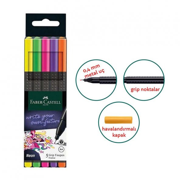 Grip Finepen 0.4 Mm 5 Renk Neon Fineliner 1 Paket Faber Keçe Uçlu Kalem Neon Renkler 5 li 1 Paket ürün görseli 1