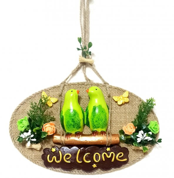 Yeşil Kuşlu Welcome Yazılı El Yapımı Kapı Süsü ürün görseli 1