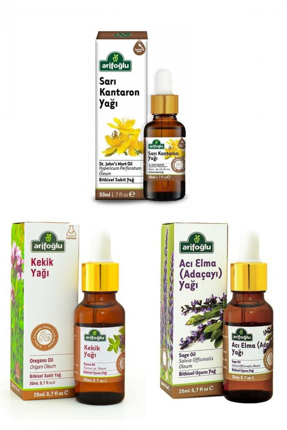 Ariifoğlu Ege Aromaterapi Seti: Kekik Yağı 20 ml + Acı Elma (Adaçayı) Yağı 20 ml + Sarı Kantaron Yağı 50 ml ürün görseli 1